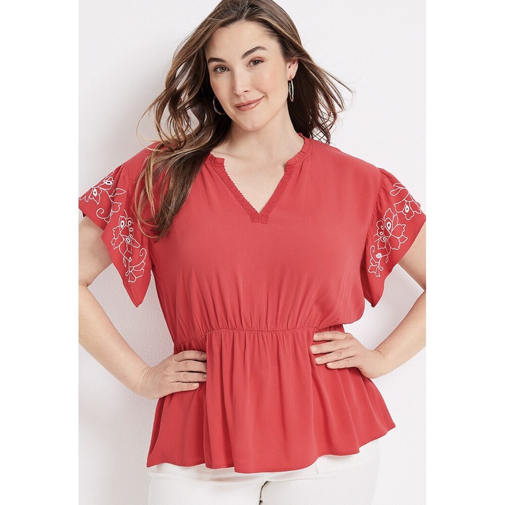 Maurices Blouse Womens 3X Embroidered Short Sleeve Red Flutter Shirt Plus Size